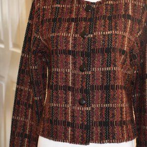 Very sweet unlined, fitted jacket in dark red check by 1601.  Size M